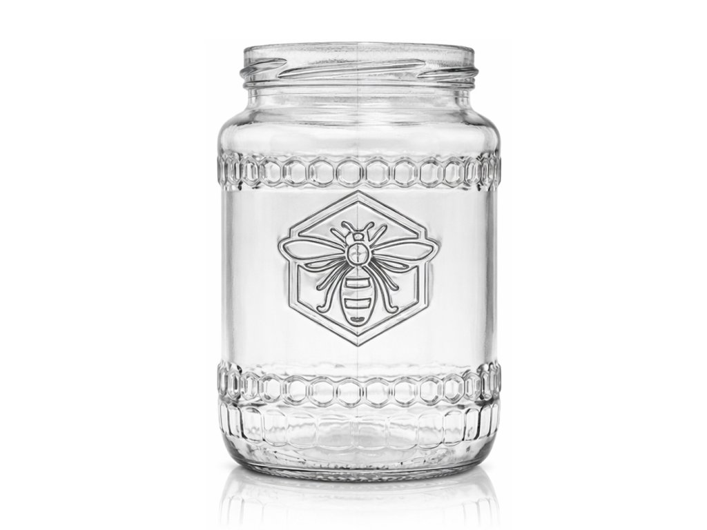Sklenice na med 730ml s reliéfem včely a černým matným víčkem